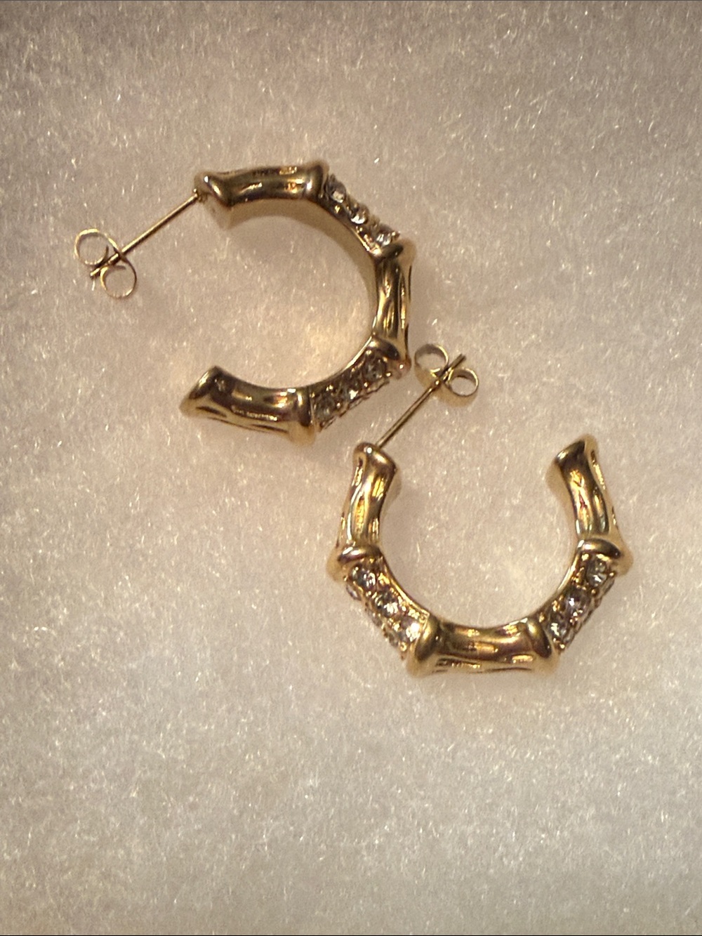 Gold Tone Bamboo Hoop Earrings with Crystal Accents